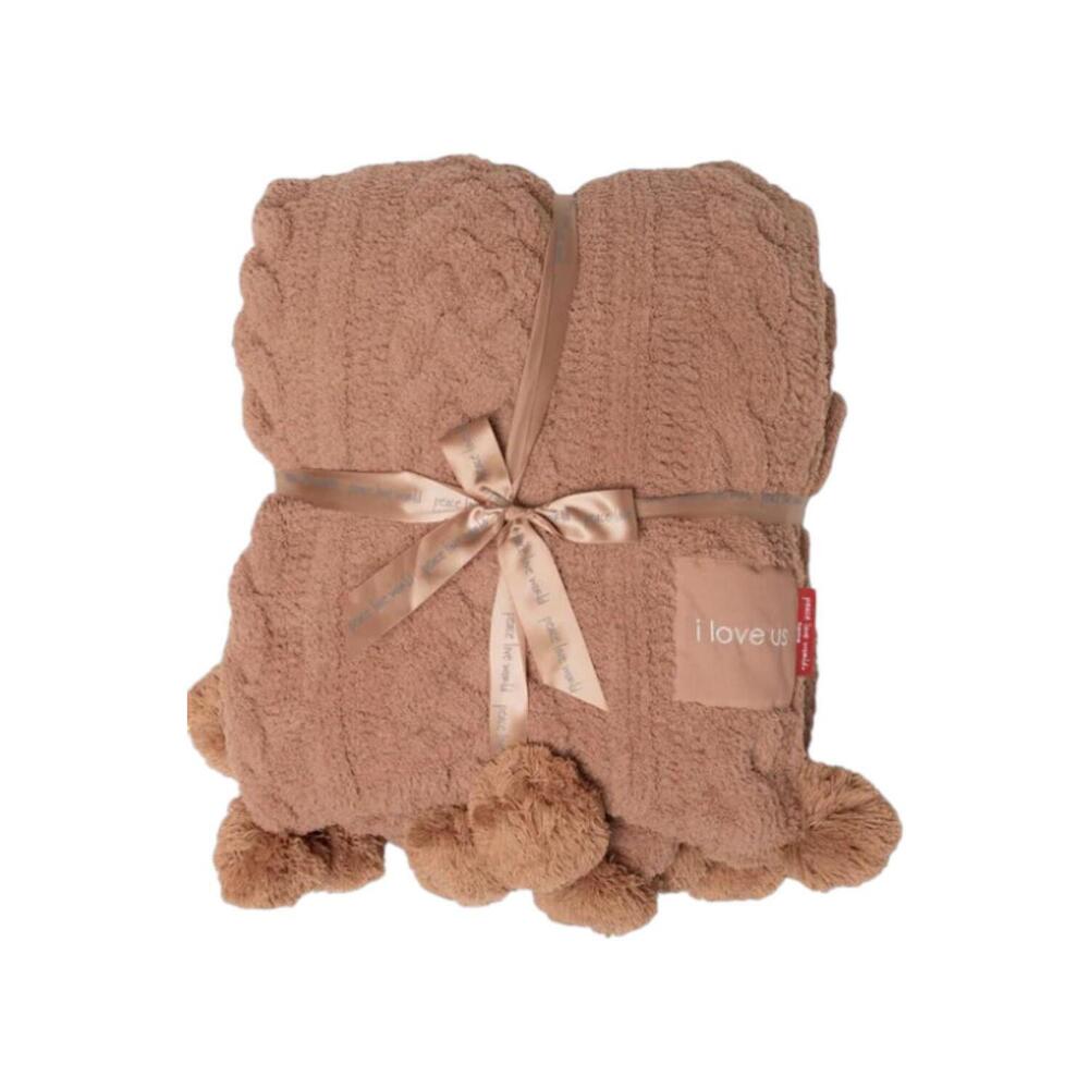 Peace Love World 70x60 Pom Pom Cable Knit Blanket Mocha Mouse